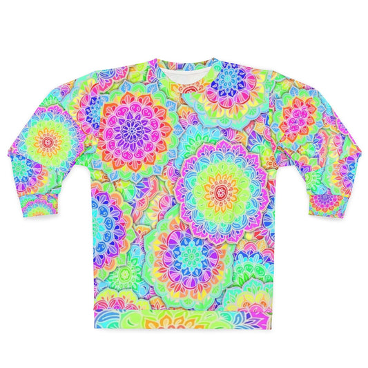 Psychedelic summer sweatshirt with boho, bright, and colorful designs