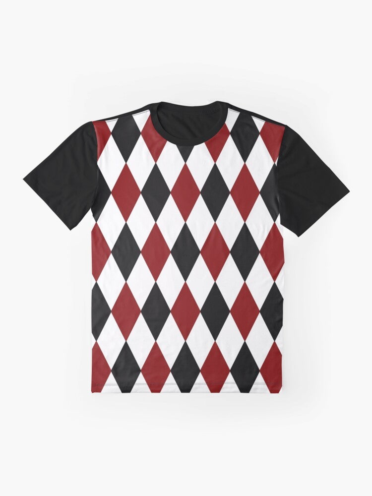 A black, white, and red harlequin or diamond pattern graphic t-shirt - Flat lay