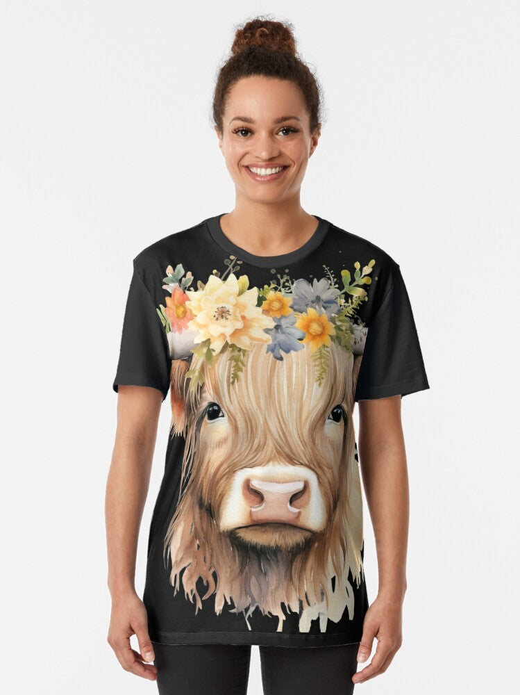 Cute baby highland cow graphic on a white t-shirt - Women