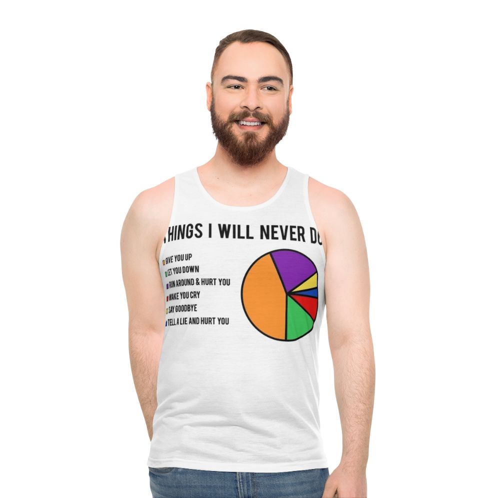 Unisex tank top featuring the "Never Gonna Give You Up" music joke - men