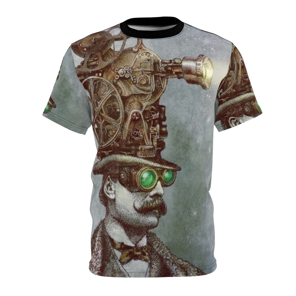 Steampunk-inspired t-shirt design featuring a projector, top hat, moustache, and surreal space elements.