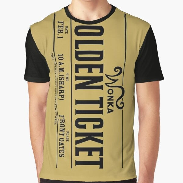 Golden ticket graphic t-shirt design, featuring a Wonka bar and chocolate references