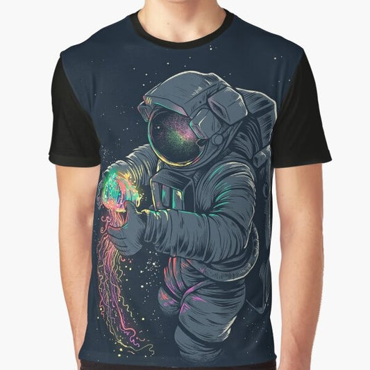 Psychedelic space jellyfish graphic design on a t-shirt featuring an astronaut exploring the cosmos