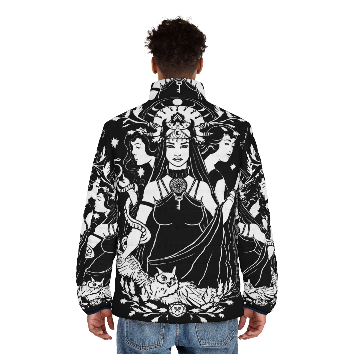 Hekate Triple Goddess puffer jacket featuring a bold and mystical design - men back