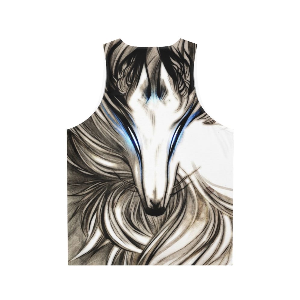 Winter wolf illustration on black and white unisex tank top - Back