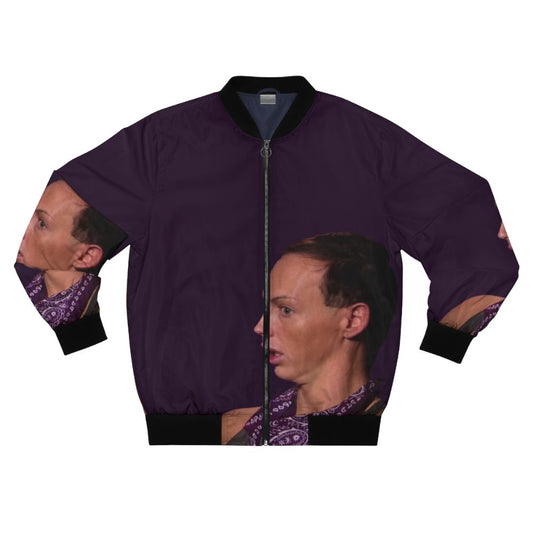 Retro-inspired bomber jacket with 'Back Rolls?!' graphic design, perfect for vaporwave, seapunk, and sad boy fashion.