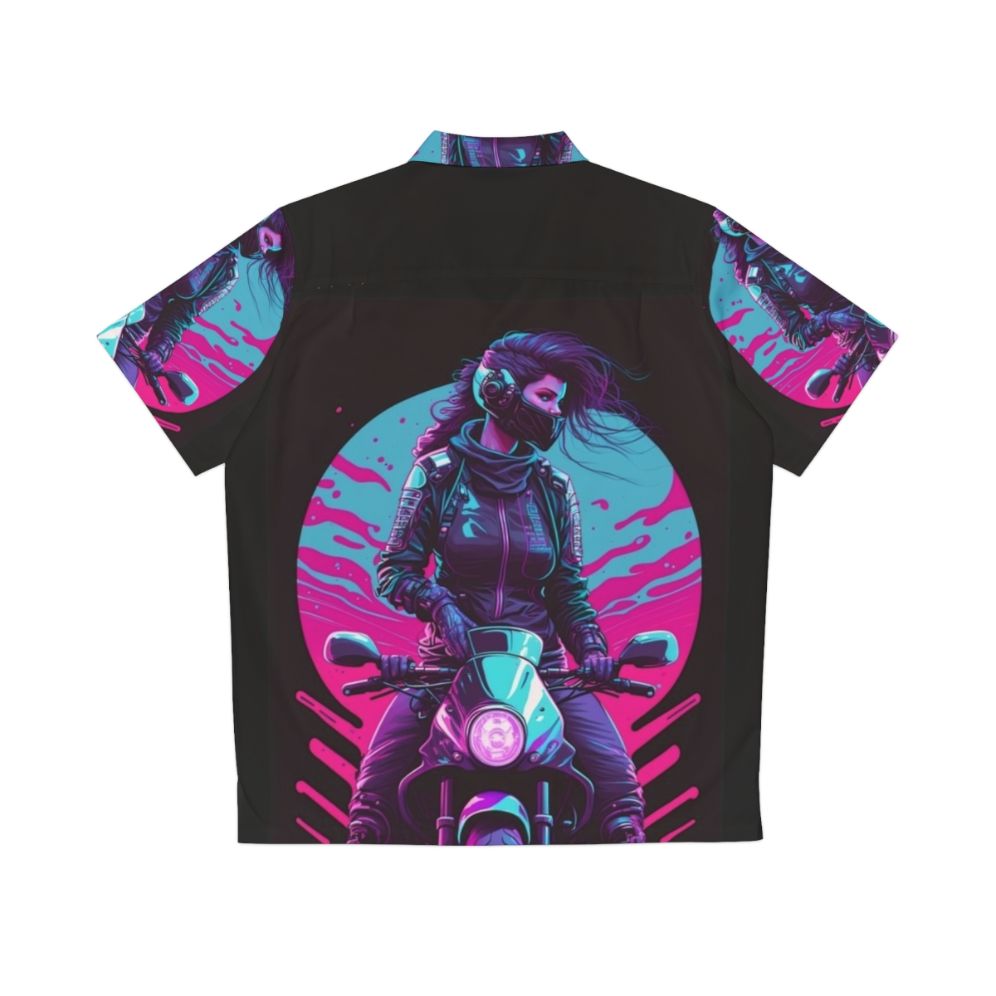 Neon 80s synthwave biker girl hawaiian shirt - Back