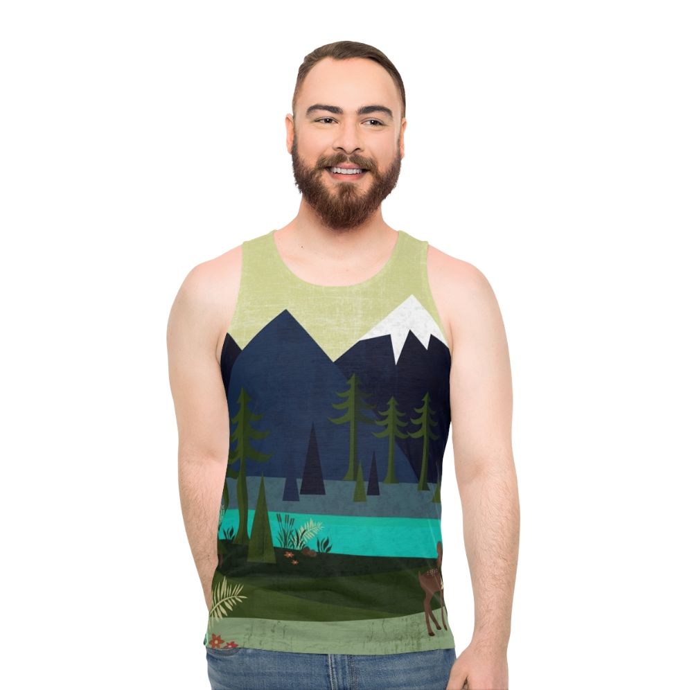 Unisex tank top with a nature-inspired forestscape design featuring deer and flowers - men