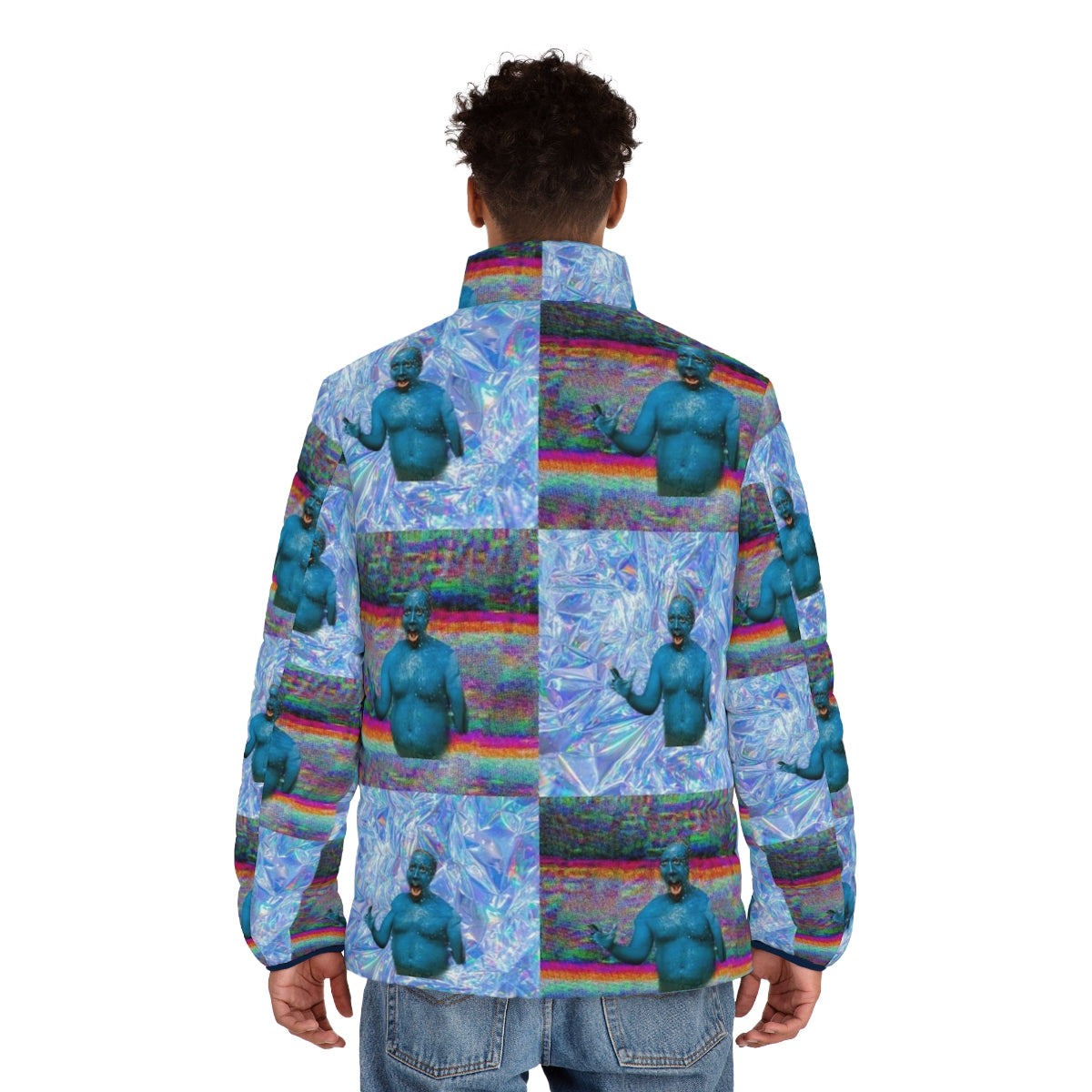 Marty Wolf puffer jacket from the movie "Big Fat Liar" with a vaporwave, glitch, and holographic aesthetic - men back