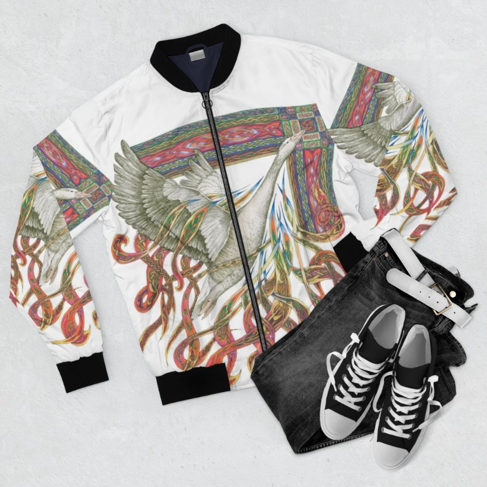 Illuminated bomber jacket with Lindisfarne Gospel inspired design - Flat lay