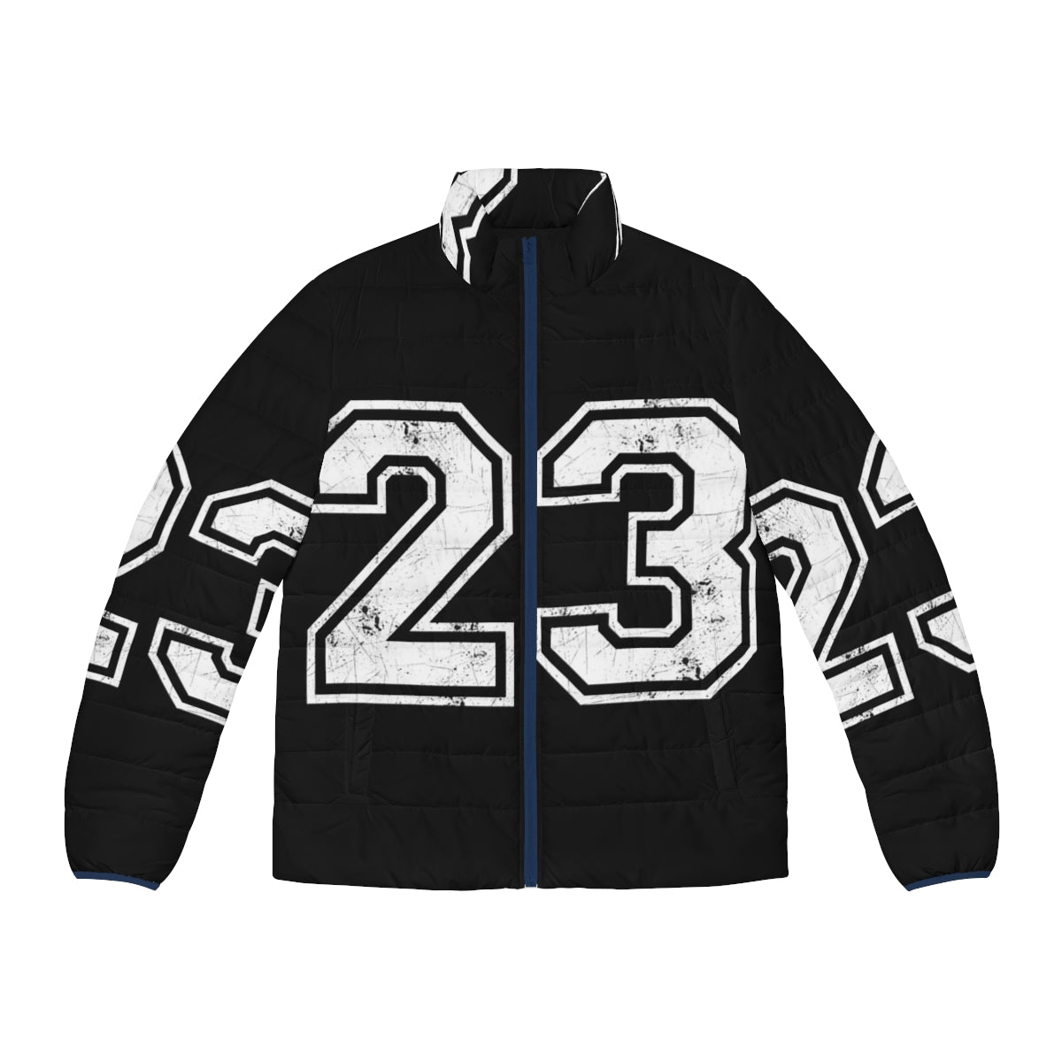 Man wearing number 23 basketball jersey sports puffer jacket