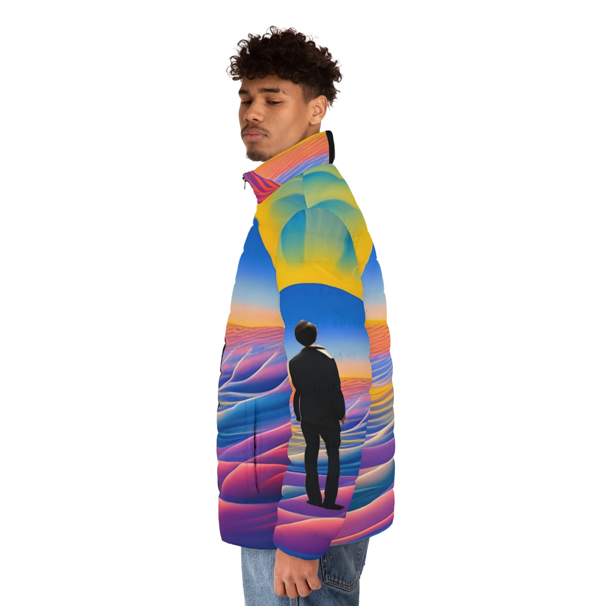 A colorful, abstract puffer jacket with a desert sunrise-inspired design. - men side left