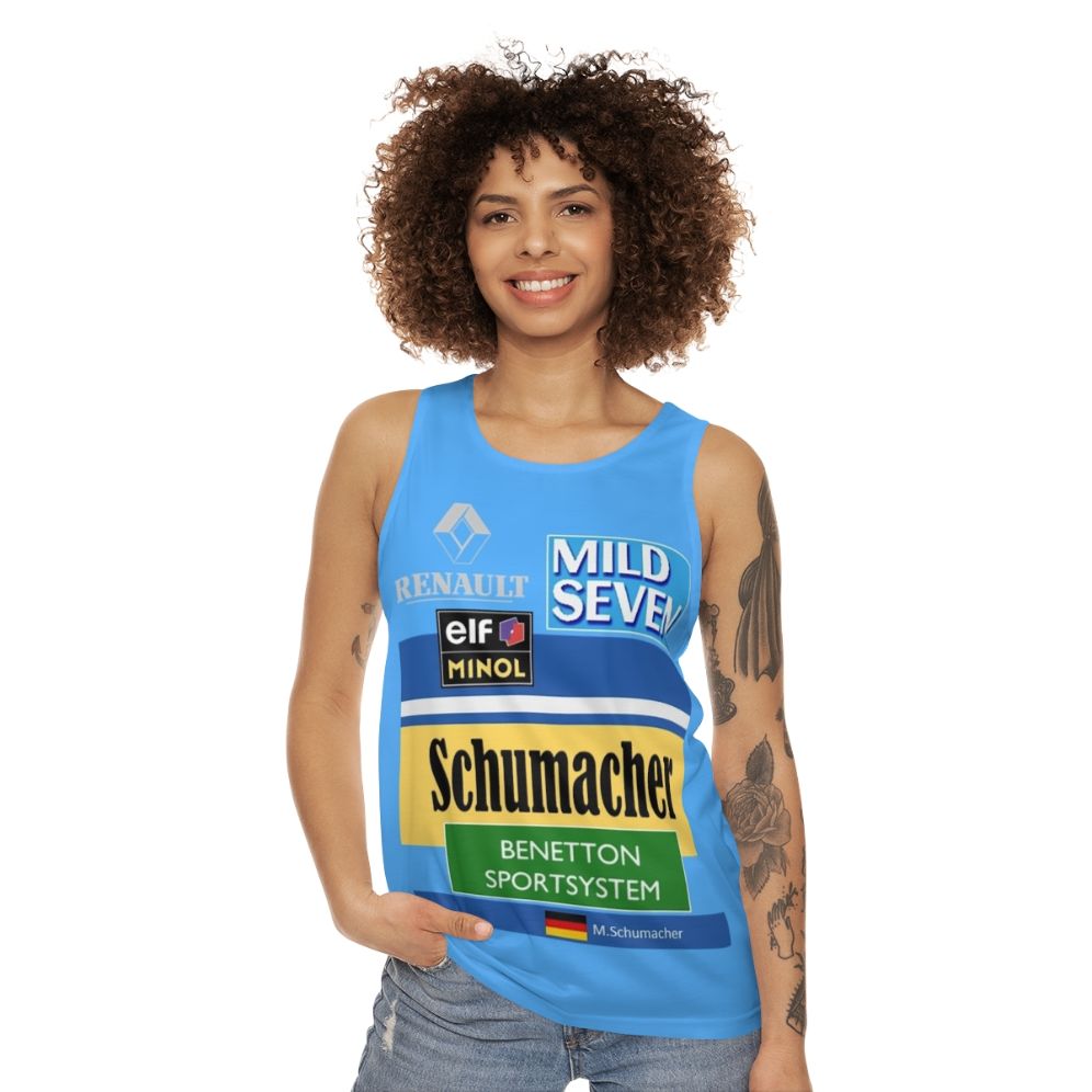 Unisex tank top featuring Michael Schumacher's 1995 Benetton Formula 1 race suit - women