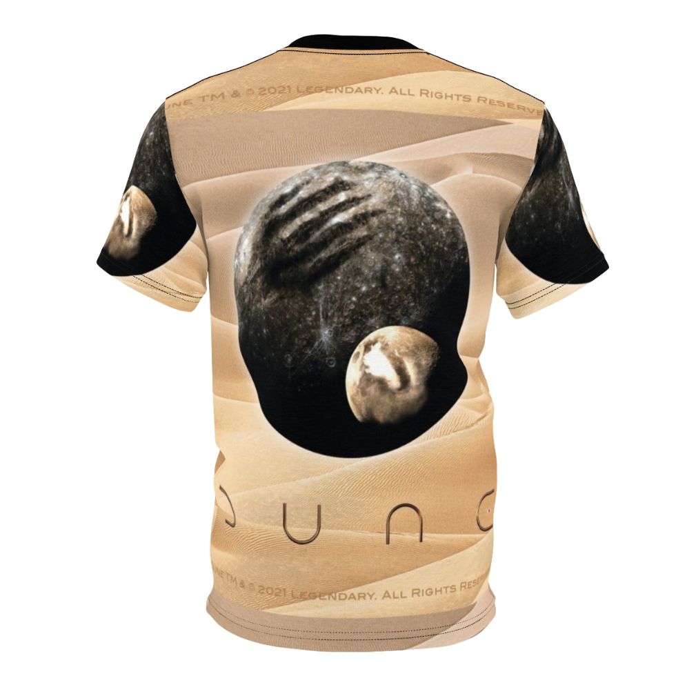 Graphic t-shirt featuring a design inspired by the science fiction film Dune, with imagery of a desert planet and its moons. - Back