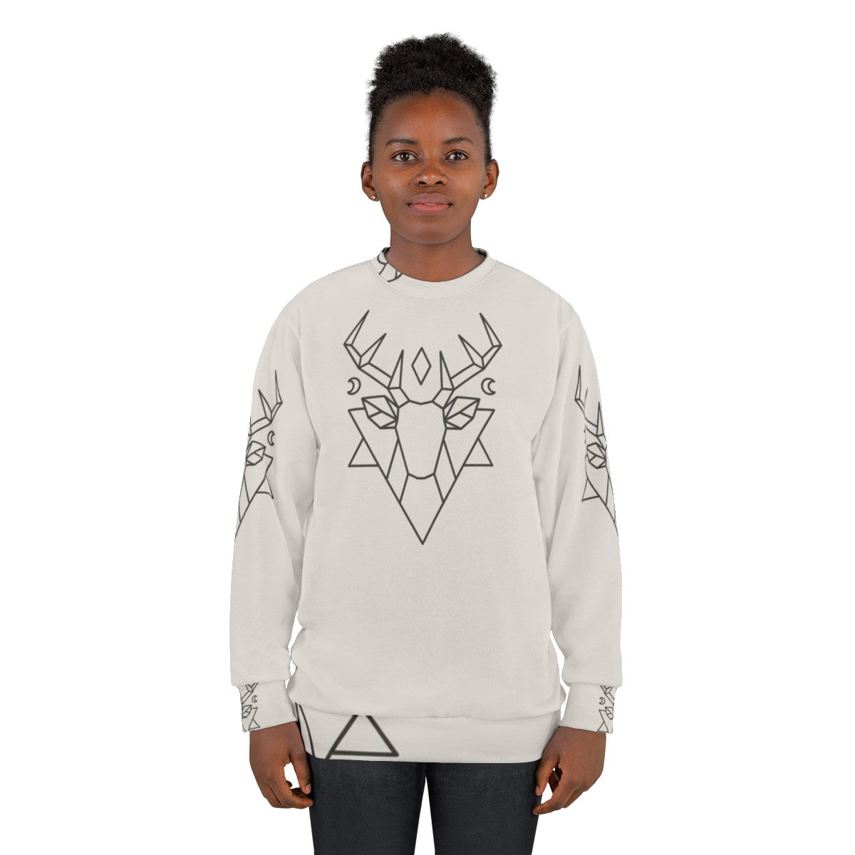 Mystic deer graphic sweatshirt with forest, moon, and stars design - women