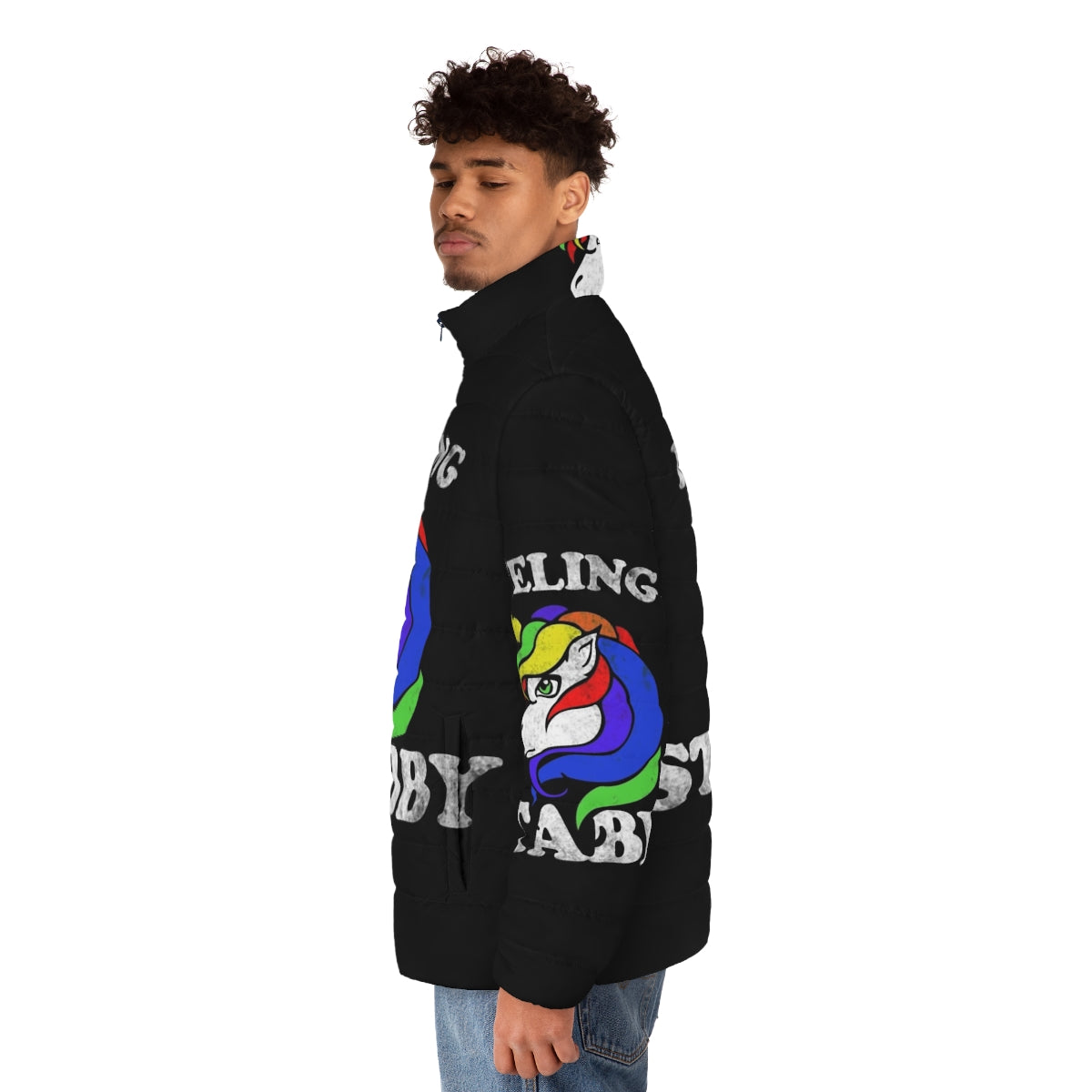 Colorful and whimsical "Feeling Stabby" unicorn puffer jacket - men side left