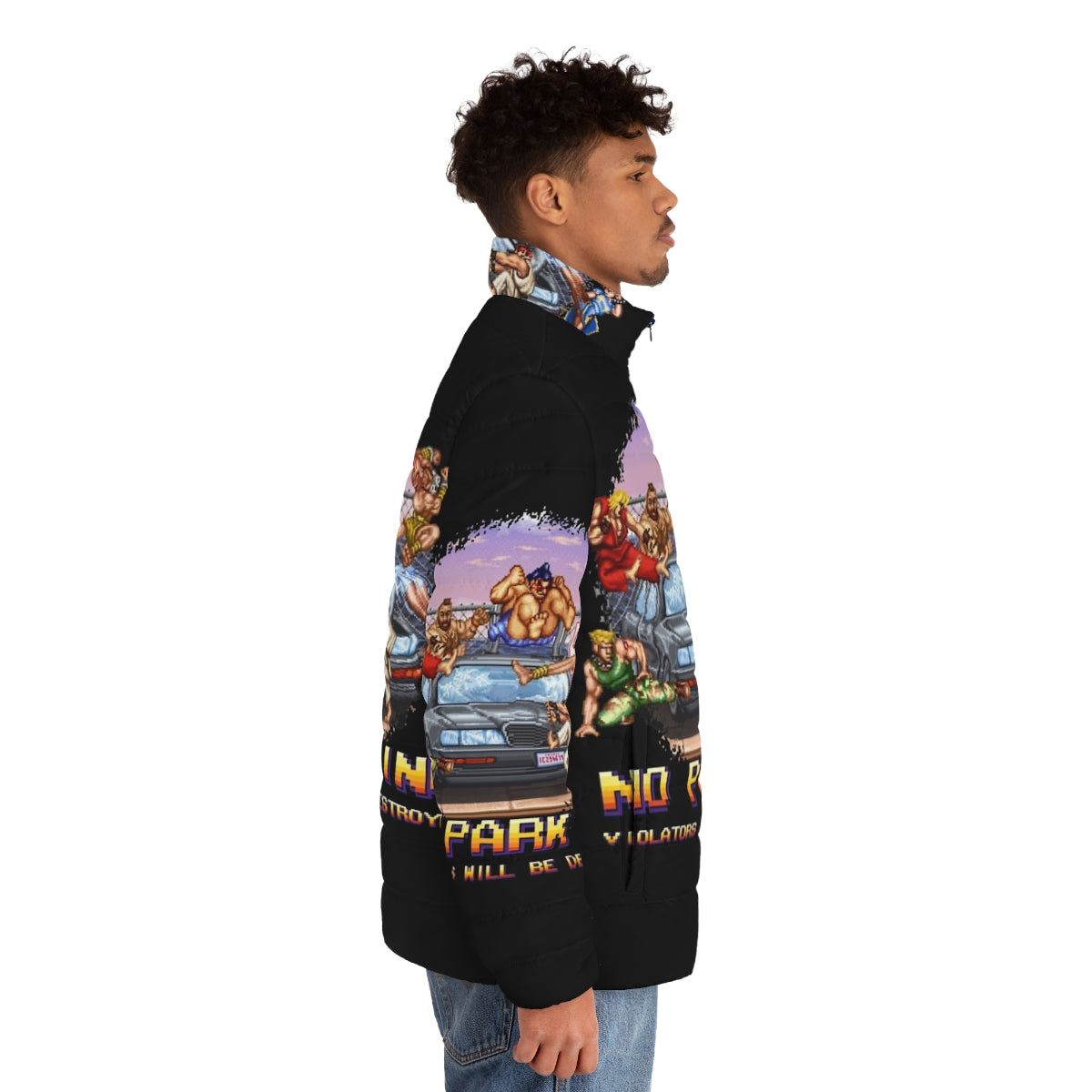 Retro 8-bit pixel art puffer jacket with "No Parking Violators Will Be Destroyed" text - men side right