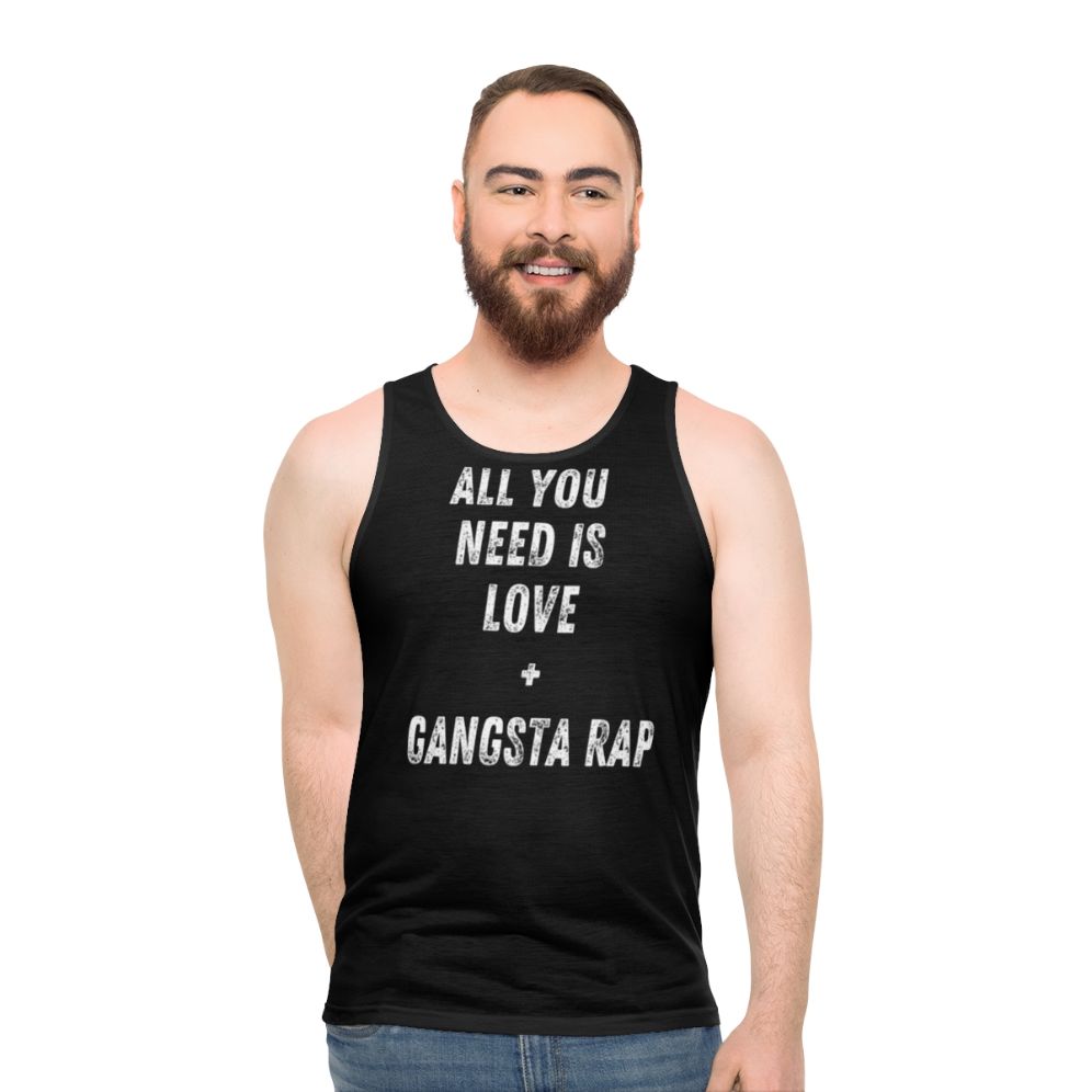 Gangsta rap unisex tank top with Beatles-inspired "All You Need is Love" typography - men