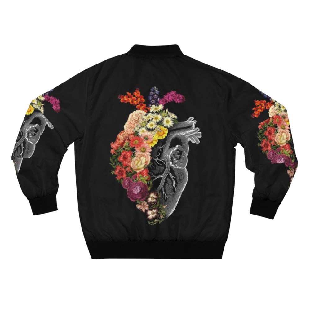 Flower Heart Spring Bomber Jacket featuring an anatomical heart design with floral elements. - Back