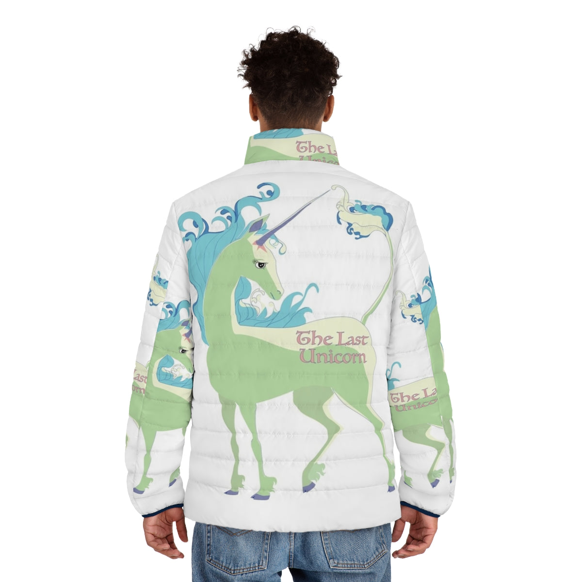 A green puffer jacket with a unicorn design, perfect for fantasy enthusiasts. - men back