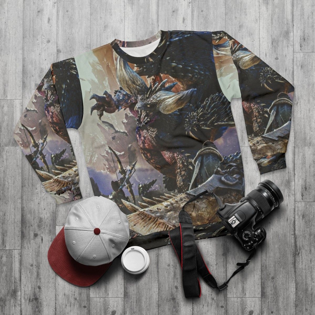 Monster Hunter World Sweatshirt with Focus Keyword - flat lay