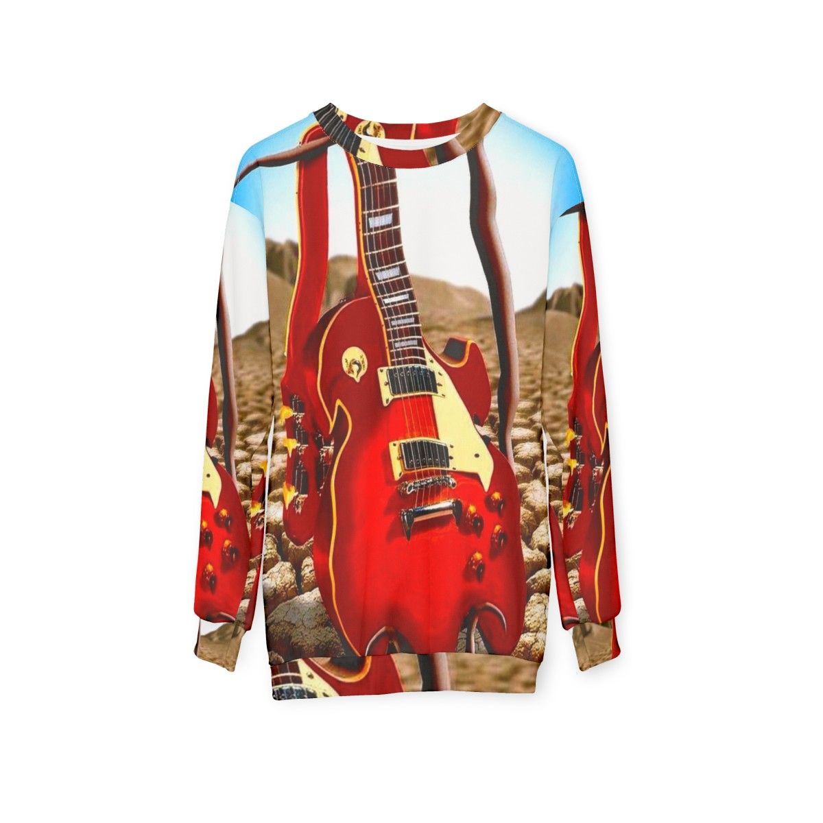 Melted guitar desert print surreal abstract sweatshirt - hanging