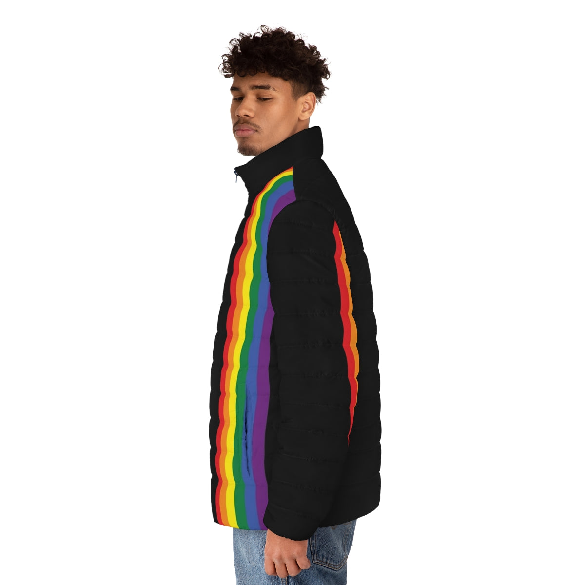 Colorful rainbow puffer jacket with LGBTQ pride stripe design - men side left