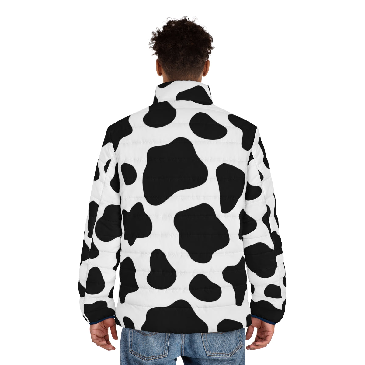 Cow spots pattern puffer jacket with black and white cow print design - men back