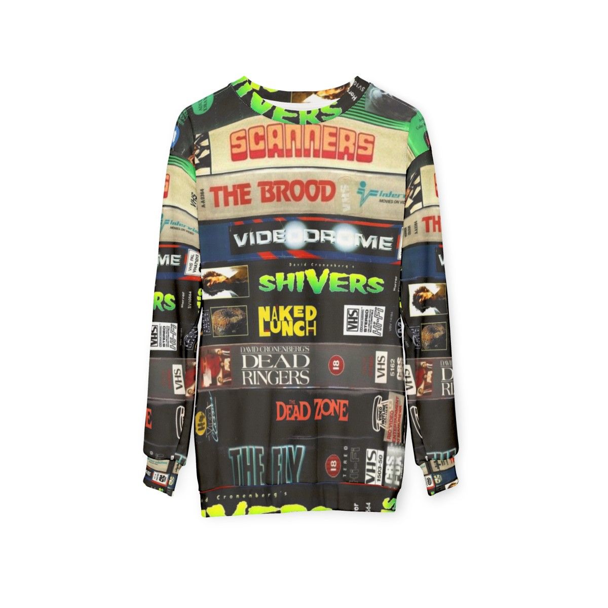 Cronenberg VHS Collection Sweatshirt featuring iconic horror and sci-fi movie designs - hanging