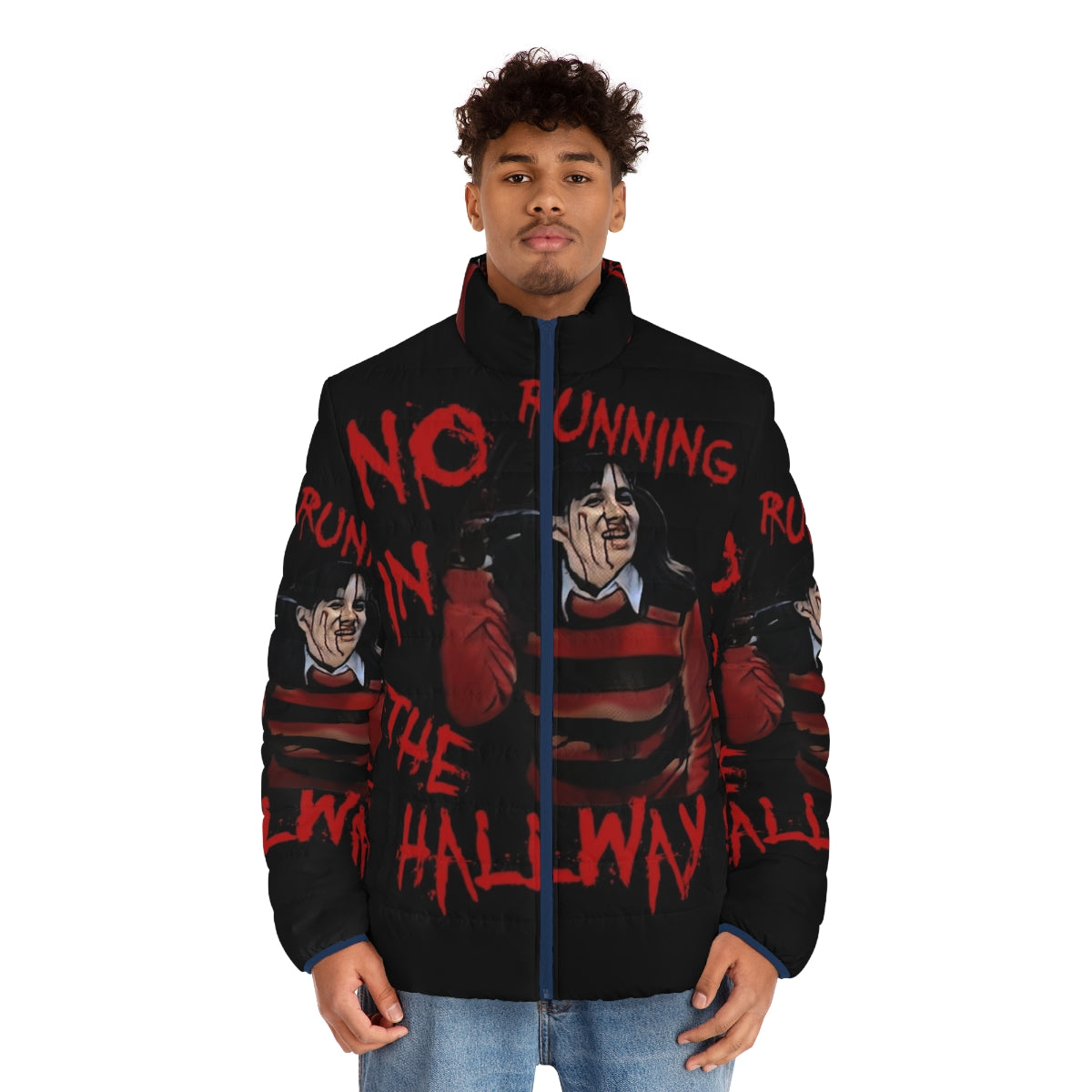 "No Running in the Hallway" puffer jacket with Freddy Krueger inspired design - men front