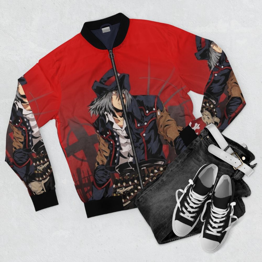 Gungrave Anime Inspired Bomber Jacket with Brandon, Harry, and Kugashira characters - Flat lay