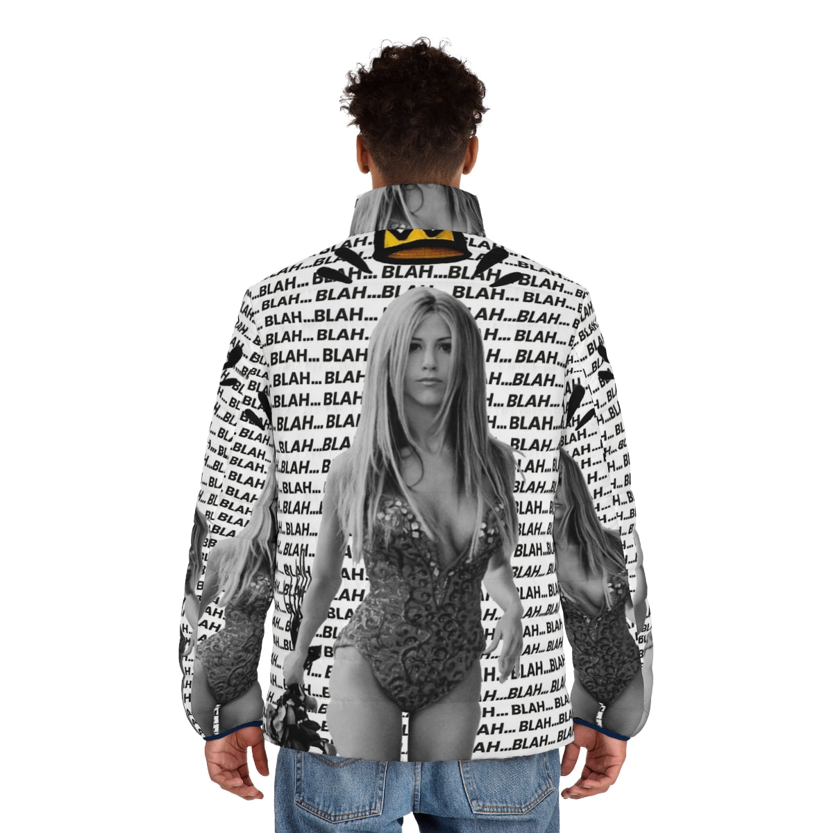 Jennifer Aniston inspired pop art puffer jacket with news print design - men back