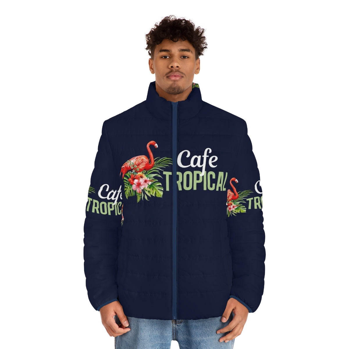 Cafe Tropical Schitts Creek Puffer Jacket with Flamingo Design - men front