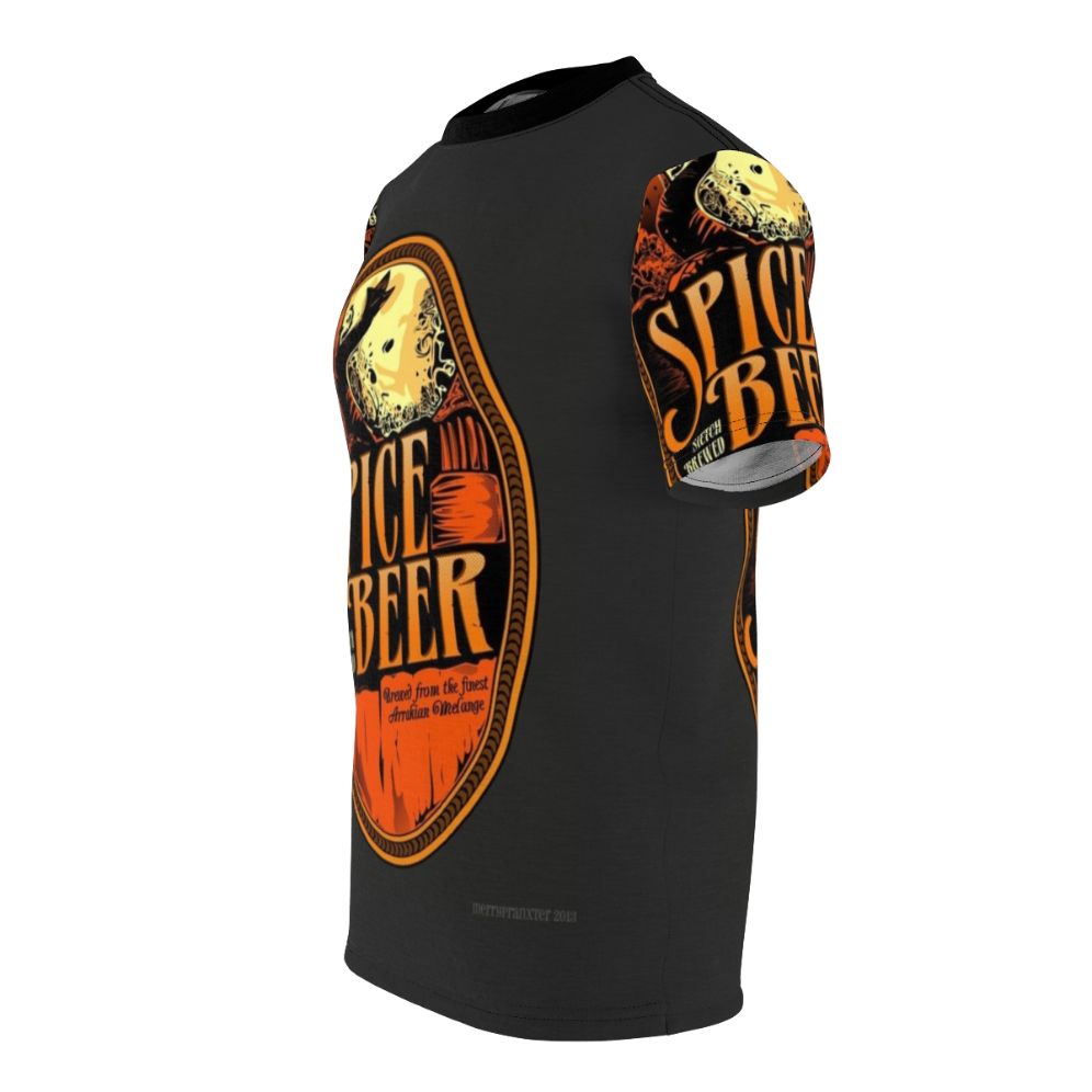 Dune-inspired t-shirt featuring a stylized Spice Beer label design with science fiction elements. - men left