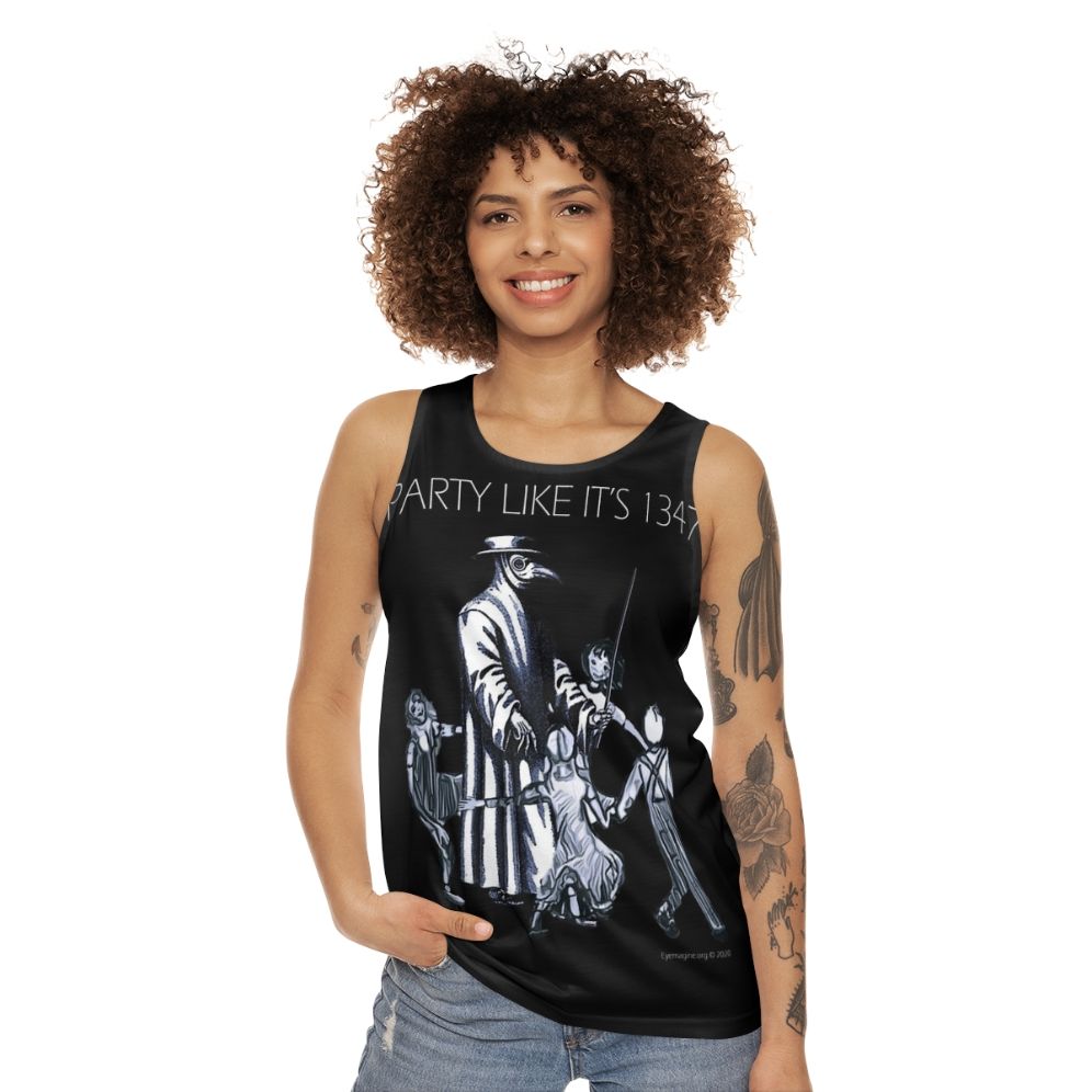 "Party Like It's 1347" unisex tank top featuring plague doctor design - women