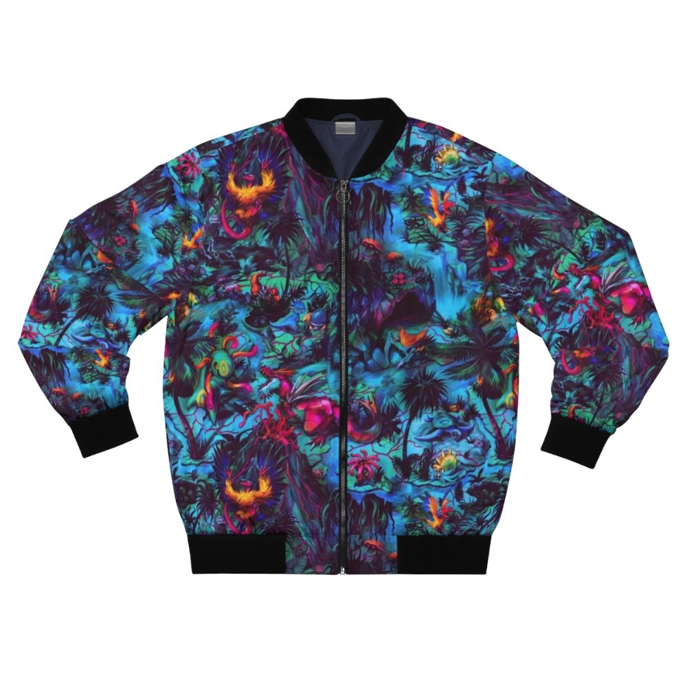 Paleo Party Bomber Jacket featuring a psychedelic dinosaur design