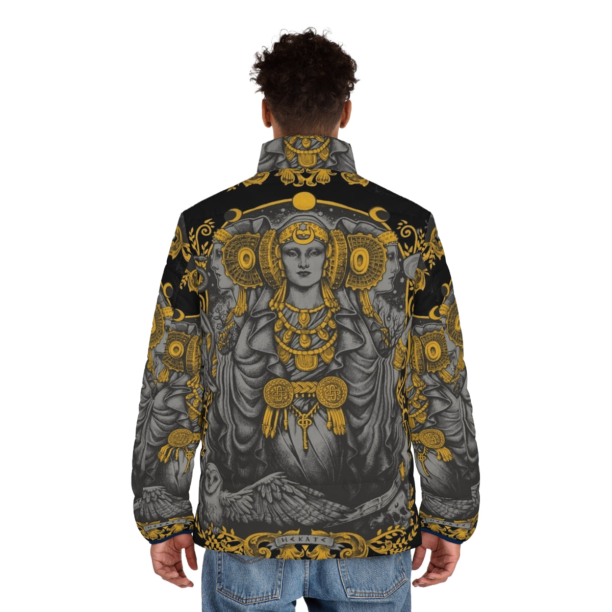 Iberian Hecate Gray Puffer Jacket featuring the iconic Lady of Elche and Hecate symbolism - men back