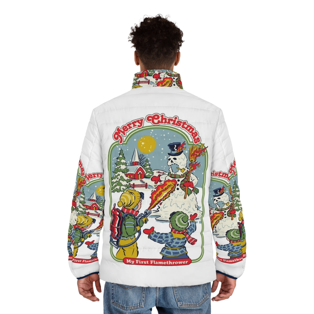 Retro funny flamethrower puffer jacket with winter, holiday, and nostalgic design - men back