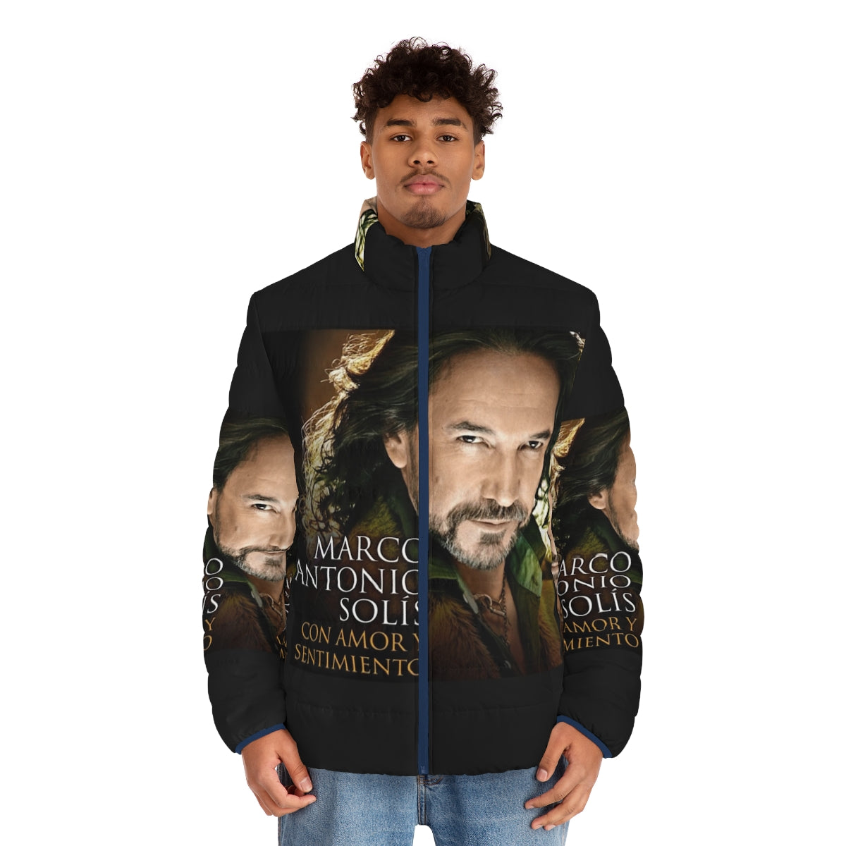 El Buki Loteria Card Puffer Jacket featuring iconic Mexican singer Marco Antonio Solis - men front