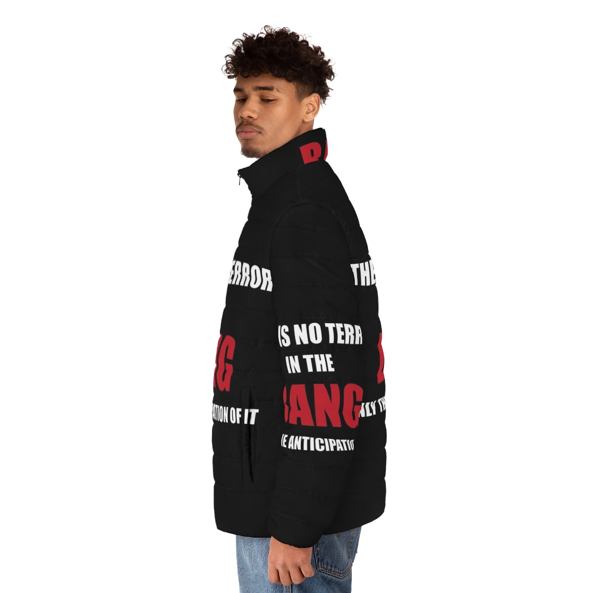 Alfred Hitchcock quote puffer jacket featuring a vintage graphic design - men side left