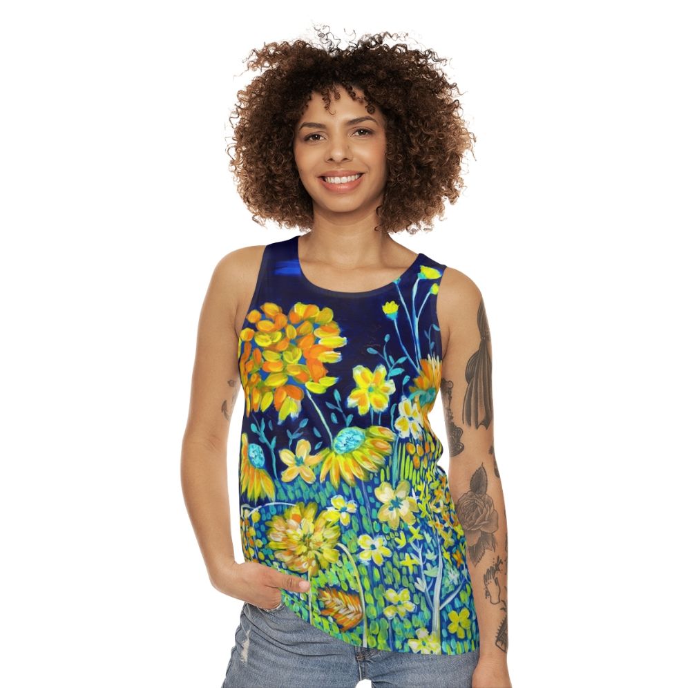 Unisex spring floral tank top in indigo blue and yellow daisies - women