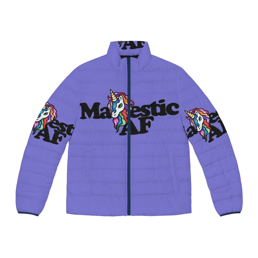 Majestic unicorn puffer jacket with vibrant rainbow design