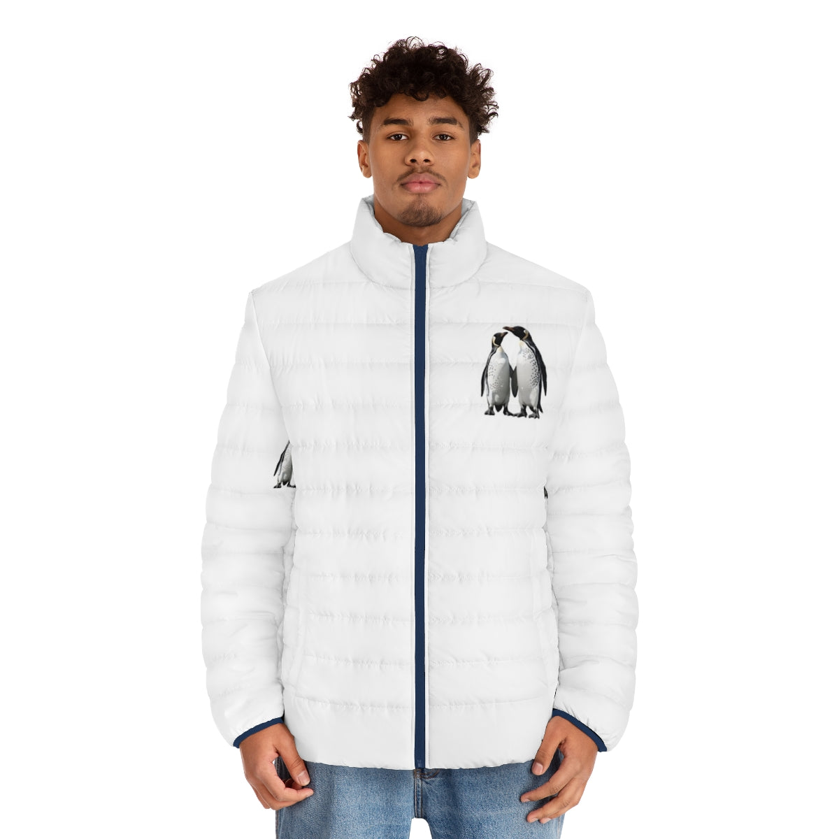 Two loving penguins printed on a puffer jacket, a unique and stylish winter accessory - men front