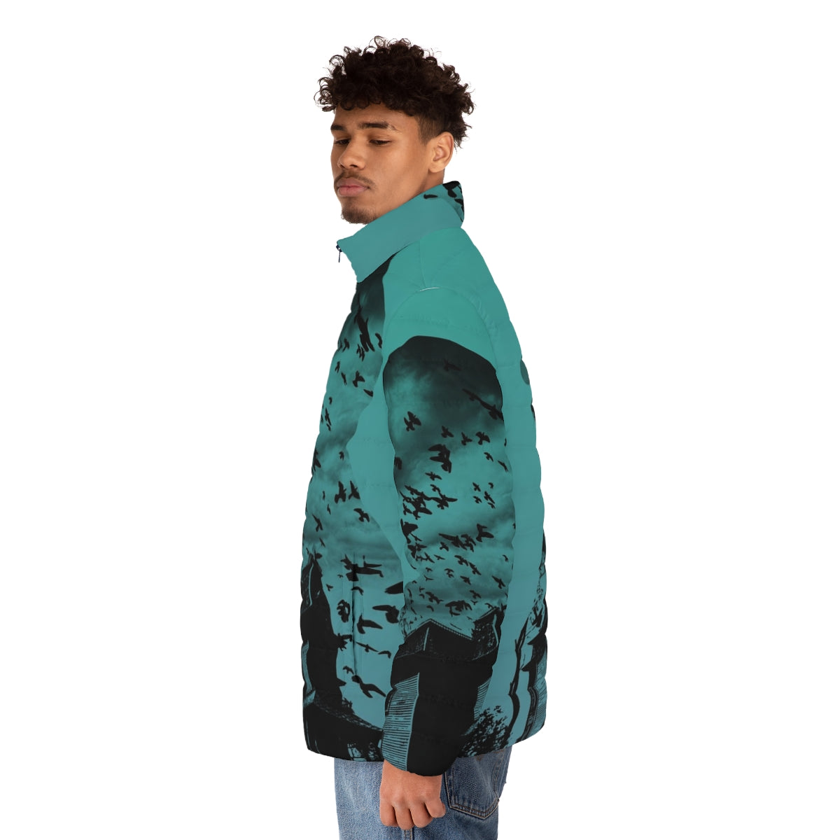 Alfred Hitchcock inspired gradient puffer jacket with collage design - men side left