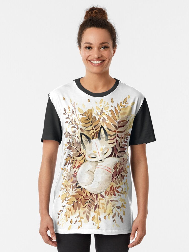 Slumber Graphic T-Shirt featuring a cute, sleeping fox design in the forest - Women