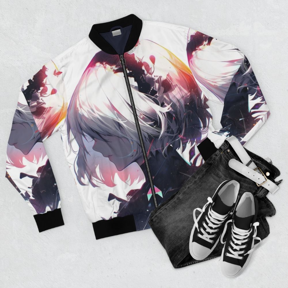 Nier Automata 2B Glitch Bomber Jacket - Flat lay