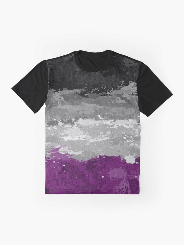 Asexual pride flag design with abstract paint splatter pattern on a graphic t-shirt - Flat lay