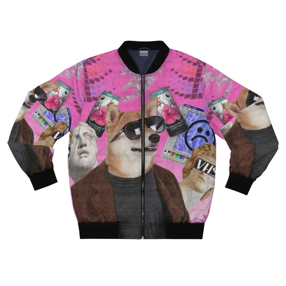 Vaporwave-inspired bomber jacket featuring a colorful, trippy dog design