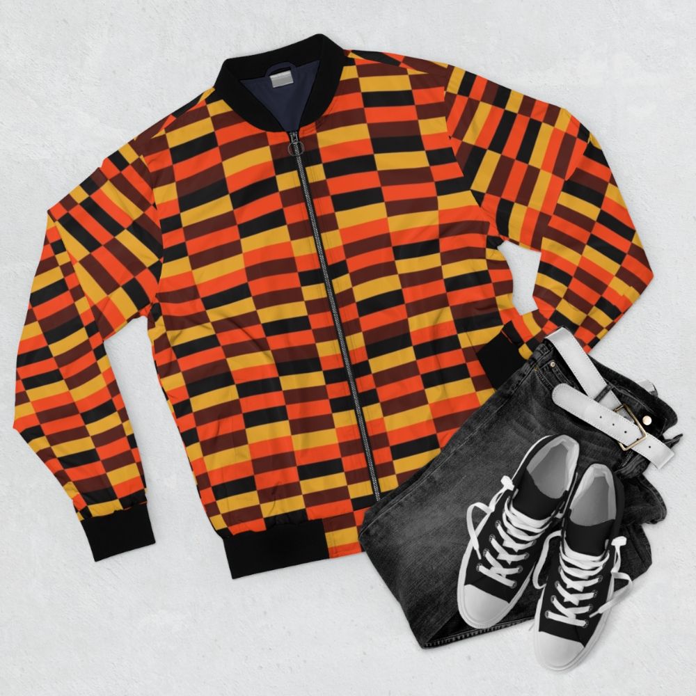 Vintage-style bomber jacket with a retro train seat design - Flat lay