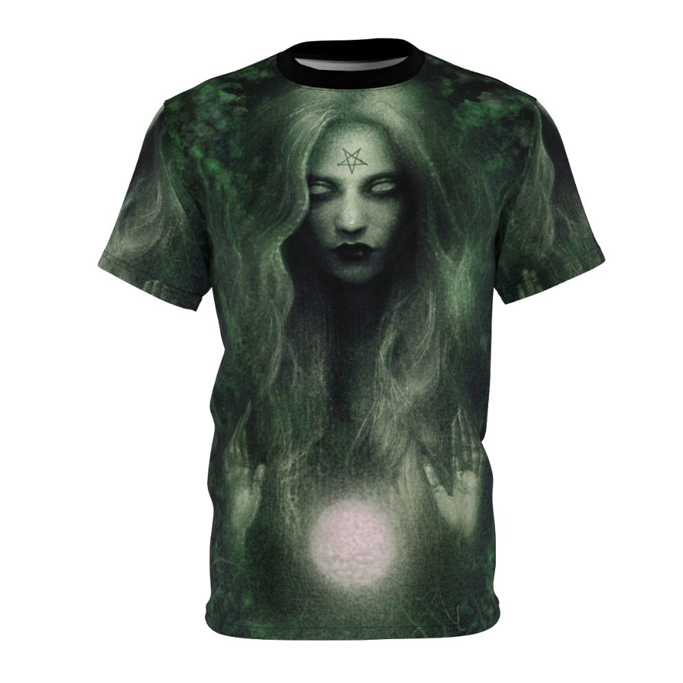 Vibrant AOP t-shirt design featuring a mystical forest witch amidst lush greenery, crystals, and natural elements.